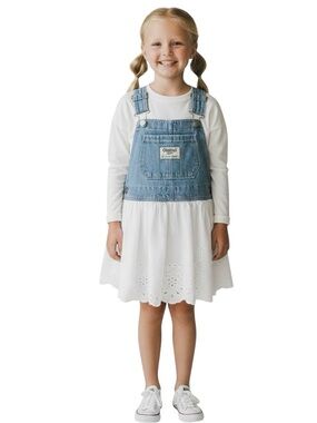 Oshkosh B'Gosh Denim Jumper Summer Dress White Eyelet Skirt Vestbak 4T Toddler